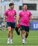 12 September 2022; Rob Russell, left, and Marcus Hanan arrive for a Leinster Rugby squad training session at Energia Park in Dublin. Photo by Brendan Moran/Sportsfile
