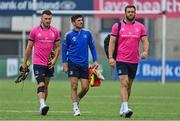 12 September 2022; Leinster players, from left, Will Connors, Jimmy O'Brien and Jason Jenkins arrive for a squad training session at Energia Park in Dublin. Photo by Brendan Moran/Sportsfile