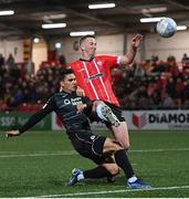 13 September 2022; Max Mata of Sligo Rovers is tackled by Shane McEleney of Derry City during the SSE Airtricity League Premier Division match between Derry City and Sligo Rovers at The Ryan McBride Brandywell Stadium in Derry. Photo by Ramsey Cardy/Sportsfile