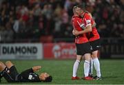 13 September 2022; Mark Connolly, left, and Shane McEleney of Derry City after their side's victory in the SSE Airtricity League Premier Division match between Derry City and Sligo Rovers at The Ryan McBride Brandywell Stadium in Derry. Photo by Ramsey Cardy/Sportsfile