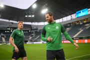 14 September 2022; Chris McCann and Rory Gaffney, left, during a Shamrock Rovers training session at KAA Gent Stadium in Gent, Belgium. Photo by Stephen McCarthy/Sportsfile
