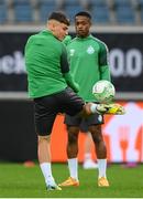 14 September 2022; Justin Ferizaj and Aidomo Emakhu, right, during a Shamrock Rovers training session at KAA Gent Stadium in Gent, Belgium. Photo by Stephen McCarthy/Sportsfile