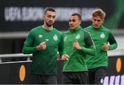 14 September 2022; Graham Burke, centre, with Neil Farrugia, left, and Viktor Serdeniuk, right, during a Shamrock Rovers training session at KAA Gent Stadium in Gent, Belgium. Photo by Stephen McCarthy/Sportsfile