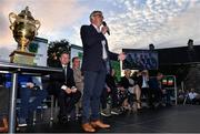 14 September 2022; Ireland team manager Michael Blake sings to the crowd as the The Aga Khan trophy is brought to Tuamgraney, Clare, following Ireland's victory in the Longines FEI Jumping Nations Cup at the Dublin Horse Show. Photo by Sam Barnes/Sportsfile