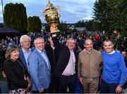 14 September 2022; In attendance are, from left, Mayor of Tuamgraney Mary Coffey, Jerry Sweetnam, father of Team Ireland rider Shane Sweetnam, Horse Sport Ireland chief executive officer Dennis Duggan, Team Ireland rider Max Wachman, Ireland team manager Michael Blake, Team Ireland rider Cian O'Connor and team vet Marcus Swail as the The Aga Khan trophy is brought to Tuamgraney, Clare, following Ireland's victory in the Longines FEI Jumping Nations Cup at the Dublin Horse Show. Photo by Sam Barnes/Sportsfile