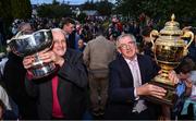 14 September 2022; In attendance are owner of Irish grand national winner Lord Lariat, Michael Blake, from Kilkee, with the Irish Grand National Trophy, and Team Ireland manager Michael Blake from Tuamgraney, with the Aga Khan Trophy, as the The Aga Khan trophy is brought to Tuamgraney, Clare, following Ireland's victory in the Longines FEI Jumping Nations Cup at the Dublin Horse Show. Photo by Sam Barnes/Sportsfile