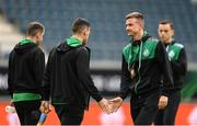15 September 2022; Ronan Finn of Shamrock Rovers, right, with teammate Aaron Greene before the UEFA Europa Conference League Group F match between Gent and Shamrock Rovers at KAA Gent Stadium in Gent, Belgium. Photo by Stephen McCarthy/Sportsfile