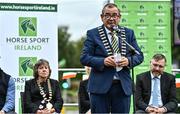 14 September 2022; Mayor of Clare, Councillor Tony O'Brien speaking as the The Aga Khan trophy is brought to Tuamgraney, Clare, following Ireland's victory in the Longines FEI Jumping Nations Cup at the Dublin Horse Show. Photo by Sam Barnes/Sportsfile