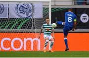 15 September 2022; Vadis Odjidja-Ofoe of Gent shoots to score his side's second goal during the UEFA Europa Conference League Group F match between Gent and Shamrock Rovers at KAA Gent Stadium in Gent, Belgium. Photo by Stephen McCarthy/Sportsfile