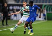 15 September 2022; Rory Gaffney of Shamrock Rovers in action against Jordan Torunarigha of Gent during the UEFA Europa Conference League Group F match between Gent and Shamrock Rovers at KAA Gent Stadium in Gent, Belgium. Photo by Stephen McCarthy/Sportsfile