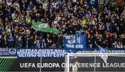 15 September 2022; Gent supporters holding a Shamrock Rovers flag during the UEFA Europa Conference League Group F match between Gent and Shamrock Rovers at KAA Gent Stadium in Gent, Belgium. Photo by Stephen McCarthy/Sportsfile