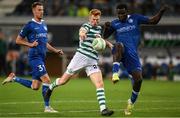 15 September 2022; Rory Gaffney of Shamrock Rovers in action against Bruno Godeau, left, and Michael Ngadeu-Ngadjui of Gent during the UEFA Europa Conference League Group F match between Gent and Shamrock Rovers at KAA Gent Stadium in Gent, Belgium. Photo by Stephen McCarthy/Sportsfile