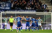 15 September 2022; Vadis Odjidja-Ofoe of Gent celebrates with teammates after scoring his side's third goal during the UEFA Europa Conference League Group F match between Gent and Shamrock Rovers at KAA Gent Stadium in Gent, Belgium. Photo by Stephen McCarthy/Sportsfile