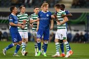 15 September 2022; Aaron Greene of Shamrock Rovers with Jens Petter Hauge of Gent during the UEFA Europa Conference League Group F match between Gent and Shamrock Rovers at KAA Gent Stadium in Gent, Belgium. Photo by Stephen McCarthy/Sportsfile