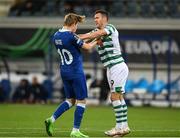 15 September 2022; Aaron Greene of Shamrock Rovers with Jens Petter Hauge of Gent during the UEFA Europa Conference League Group F match between Gent and Shamrock Rovers at KAA Gent Stadium in Gent, Belgium. Photo by Stephen McCarthy/Sportsfile