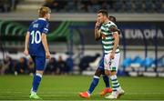 15 September 2022; Aaron Greene of Shamrock Rovers is held back by Elisha Owusu of Gent as he tussles with Jens Petter Hauge of Gent during the UEFA Europa Conference League Group F match between Gent and Shamrock Rovers at KAA Gent Stadium in Gent, Belgium. Photo by Stephen McCarthy/Sportsfile