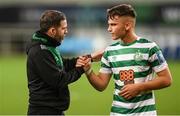 15 September 2022; Shamrock Rovers manager Stephen Bradley with Justin Ferizaj of Shamrock Rovers after the UEFA Europa Conference League Group F match between Gent and Shamrock Rovers at KAA Gent Stadium in Gent, Belgium. Photo by Stephen McCarthy/Sportsfile