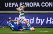 15 September 2022; Andy Lyons of Shamrock Rovers in action against Alessio Castro-Montes of Gent during the UEFA Europa Conference League Group F match between Gent and Shamrock Rovers at KAA Gent Stadium in Gent, Belgium. Photo by Stephen McCarthy/Sportsfile