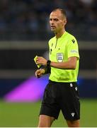 15 September 2022; Referee Visar Kastrati during the UEFA Europa Conference League Group F match between Gent and Shamrock Rovers at KAA Gent Stadium in Gent, Belgium. Photo by Stephen McCarthy/Sportsfile