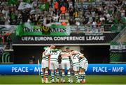 15 September 2022; Shamrock Rovers players huddle before the UEFA Europa Conference League Group F match between Gent and Shamrock Rovers at KAA Gent Stadium in Gent, Belgium. Photo by Stephen McCarthy/Sportsfile