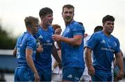 16 September 2022; Daniel Leane of Leinster, second from left, celebrates with teammates Ben Murphy, Cormac Daly and Ben Brownlee after scoring a try during the A Interprovinical match between Leinster A and Ulster A at Templeville Road in Dublin. Photo by Brendan Moran/Sportsfile