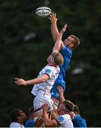 16 September 2022; Cormac Daly of Leinster wins a lineout from Charlie Irvine of Ulster during the A Interprovinical match between Leinster A and Ulster A at Templeville Road in Dublin. Photo by Brendan Moran/Sportsfile