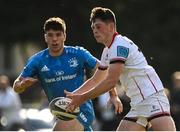 16 September 2022; James Girvan of Ulster in action against Ben Brownlee of Leinster during the A Interprovinical match between Leinster A and Ulster A at Templeville Road in Dublin. Photo by Brendan Moran/Sportsfile