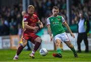 16 September 2022; Aaron Bolger of Cork City in action against Stephen Walsh of Galway United during the SSE Airtricity League First Division match between Galway United and Cork City at Eamonn Deacy Park in Galway. Photo by Ramsey Cardy/Sportsfile