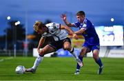 16 September 2022; Greg Sloggett of Dundalk in action against Darragh Power of Waterford during the Extra.ie FAI Cup Quarter-Final match between Waterford and Dundalk at the RSC in Waterford. Photo by Ben McShane/Sportsfile