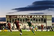 16 September 2022; Ruairi Keating of Cork City in action against James Finnerty of Galway United during the SSE Airtricity League First Division match between Galway United and Cork City at Eamonn Deacy Park in Galway. Photo by Ramsey Cardy/Sportsfile