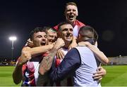 16 September 2022; Enda Curran of Treaty United, centre, celebrates with teammates after scoring their side's second goal during the Extra.ie FAI Cup Quarter-Final match between Treaty United and UCD at Markets Field in Limerick. Photo by Seb Daly/Sportsfile