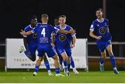16 September 2022; Darragh Power of Waterford, second from right, celebrates with teammates after scoring his side's second goal during the Extra.ie FAI Cup Quarter-Final match between Waterford and Dundalk at the RSC in Waterford. Photo by Ben McShane/Sportsfile