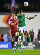 16 September 2022; Matt Healy of Cork City in action against Mikie Rowe of Galway United during the SSE Airtricity League First Division match between Galway United and Cork City at Eamonn Deacy Park in Galway. Photo by Ramsey Cardy/Sportsfile