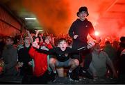 16 September 2022; Cork City supporters celebrate their side's first goal, scored by Barry Coffey, during the SSE Airtricity League First Division match between Galway United and Cork City at Eamonn Deacy Park in Galway. Photo by Ramsey Cardy/Sportsfile