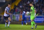 16 September 2022; Waterford goalkeeper Paul Martin and John Martin of Dundalk during the Extra.ie FAI Cup Quarter-Final match between Waterford and Dundalk at the RSC in Waterford. Photo by Ben McShane/Sportsfile