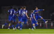 16 September 2022; Phoenix Patterson of Waterford, right, celebrates after scoring his side's third goal during the Extra.ie FAI Cup Quarter-Final match between Waterford and Dundalk at the RSC in Waterford. Photo by Ben McShane/Sportsfile