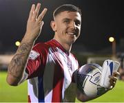 16 September 2022; Enda Curran of Treaty United celebrates with the match ball after scoring a hat-trick during his side's victory in the Extra.ie FAI Cup Quarter-Final match between Treaty United and UCD at Markets Field in Limerick. Photo by Seb Daly/Sportsfile