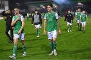 16 September 2022; Darragh Crowley, left, and Ruairi Keating of Cork City after their side's defeat in the SSE Airtricity League First Division match between Galway United and Cork City at Eamonn Deacy Park in Galway. Photo by Ramsey Cardy/Sportsfile