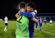 16 September 2022; Phoenix Patterson of Waterford, right, and Waterford goalkeeper Paul Martin celebrate after the Extra.ie FAI Cup Quarter-Final match between Waterford and Dundalk at the RSC in Waterford. Photo by Ben McShane/Sportsfile