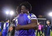 16 September 2022; Junior Quitirna, right, and Richard Taylor of Waterford celebrate after the Extra.ie FAI Cup Quarter-Final match between Waterford and Dundalk at the RSC in Waterford. Photo by Ben McShane/Sportsfile