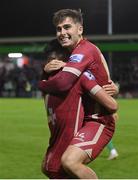 16 September 2022; Charlie Lyons, left, and Ronan Manning of Galway United celebrates after their side's victory in the SSE Airtricity League First Division match between Galway United and Cork City at Eamonn Deacy Park in Galway. Photo by Ramsey Cardy/Sportsfile