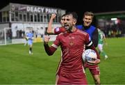 16 September 2022; Conor O'Keeffe of Galway United celebrates after his side's victory in the SSE Airtricity League First Division match between Galway United and Cork City at Eamonn Deacy Park in Galway. Photo by Ramsey Cardy/Sportsfile