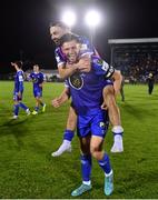 16 September 2022; Killian Cantwell, bottom, and Shane Griffin of Waterford celebrate after the Extra.ie FAI Cup Quarter-Final match between Waterford and Dundalk at the RSC in Waterford. Photo by Ben McShane/Sportsfile