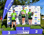 17 September 2022; First place female Barbara Cleary of Donore Harriers, centre, alongside second place Caitlyn Harvey of Annadale Striders, right, and third place Jan Corcoran of Le Cheile Athletic Club, left, at the Irish Life Dublin Half Marathon on Saturday 17th of September in the Phoenix Park, Dublin. Photo by Sam Barnes/Sportsfile