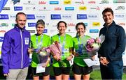 17 September 2022; Irish Life Corporate Business managing director Oisin O'Shaughnessy, left, and Minister of State for Sport and the Gaeltacht Jack Chambers, TD, right, with first place female Barbara Cleary of Donore Harriers, centre, second place Caitlyn Harvey of Annadale Striders, right, and third place Jan Corcoran of Le Cheile Athletic Club, left, at the Irish Life Dublin Half Marathon on Saturday 17th of September in the Phoenix Park, Dublin. Photo by Sam Barnes/Sportsfile