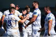 17 September 2022; Jason Jenkins of Leinster, second from right, celebrates with teammates after scoring his side's fourth try during the United Rugby Championship match between Zebre Parma and Leinster at Stadio Sergio Lanfranchi in Parma, Italy. Photo by Harry Murphy/Sportsfile