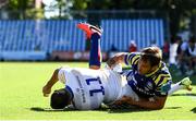 17 September 2022; Dave Kearney of Leinster scores his side's fifth try despite the tackle of Jamie Osborne of Zebre Parma during the United Rugby Championship match between Zebre Parma and Leinster at Stadio Sergio Lanfranchi in Parma, Italy. Photo by Harry Murphy/Sportsfile