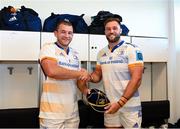 17 September 2022; Jason Jenkins of Leinster is presented his first Leinster cap by teammate Ross Molony after their side's victory in the United Rugby Championship match between Zebre Parma and Leinster at Stadio Sergio Lanfranchi in Parma, Italy. Photo by Harry Murphy/Sportsfile