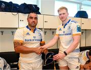 17 September 2022; Charlie Ngatai of Leinster is presented his first Leinster cap by teammate Jamie Osborne the United Rugby Championship match between Zebre Parma and Leinster at Stadio Sergio Lanfranchi in Parma, Italy. Photo by Harry Murphy/Sportsfile