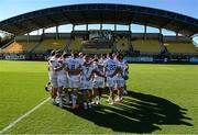 17 September 2022; Leinster players huddle after their side's victory in the United Rugby Championship match between Zebre Parma and Leinster at Stadio Sergio Lanfranchi in Parma, Italy. Photo by Harry Murphy/Sportsfile